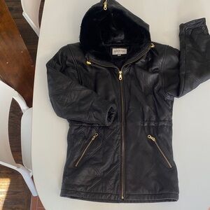 VINTAGE Black Leather Quilted Hooded Jacket with Gold Hardware